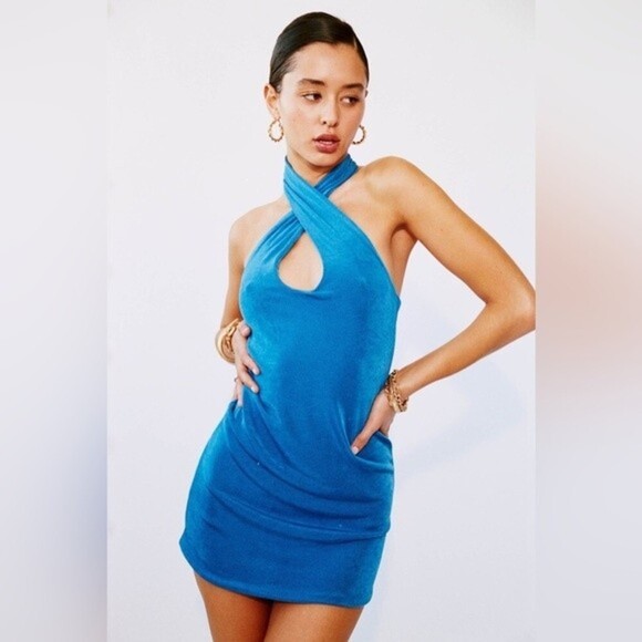 With Jean Lena Dress Electra Blue Mini Halter Bodycon Stretchy Womens Size Small - Picture 1 of 12
